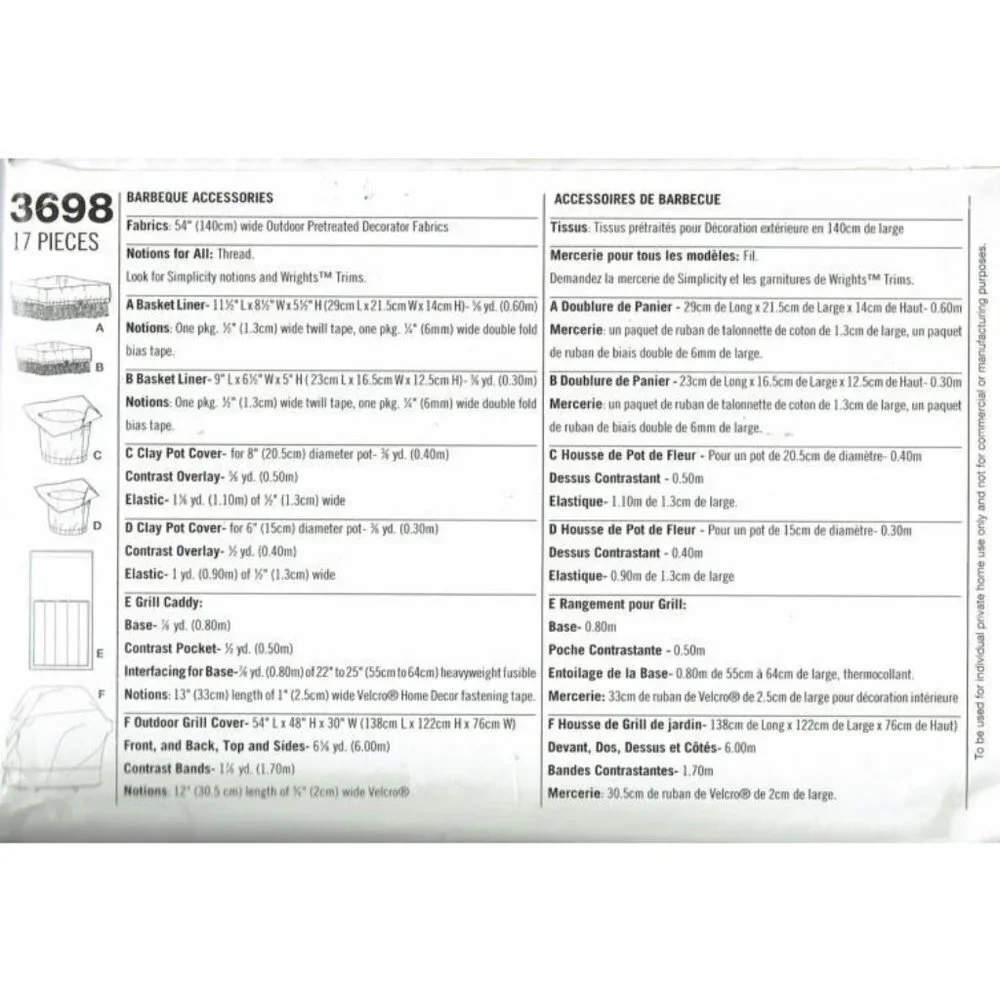Simplicity Sewing Pattern 3698 BBQ Accessories‎ Basket Liners Grill Caddy Cover